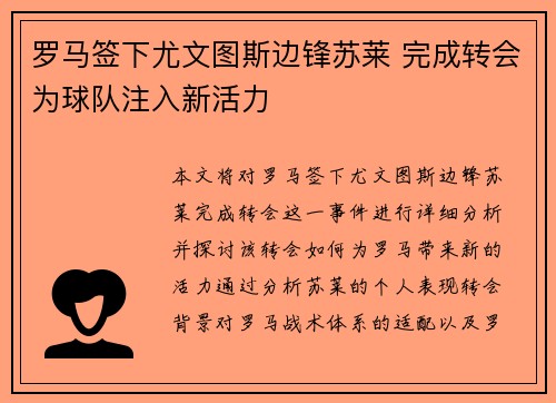 罗马签下尤文图斯边锋苏莱 完成转会为球队注入新活力 罗马签下尤文图斯边锋苏莱 完成转会为球队注入新活力