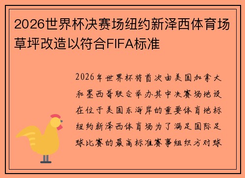 2026世界杯决赛场纽约新泽西体育场草坪改造以符合FIFA标准 2026世界杯决赛场纽约新泽西体育场草坪改造以符合FIFA标准