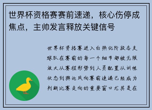 世界杯资格赛赛前速递，核心伤停成焦点，主帅发言释放关键信号