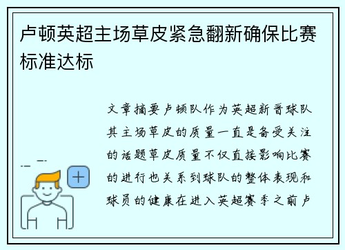 卢顿英超主场草皮紧急翻新确保比赛标准达标