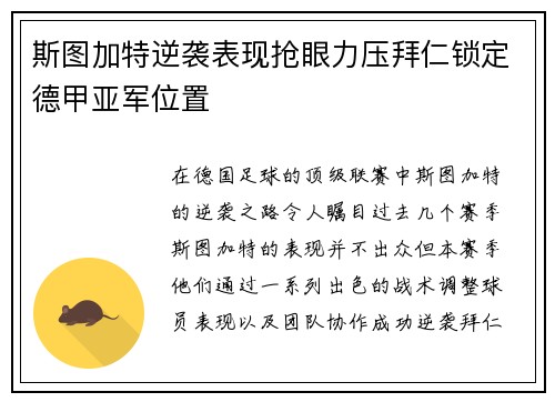 斯图加特逆袭表现抢眼力压拜仁锁定德甲亚军位置